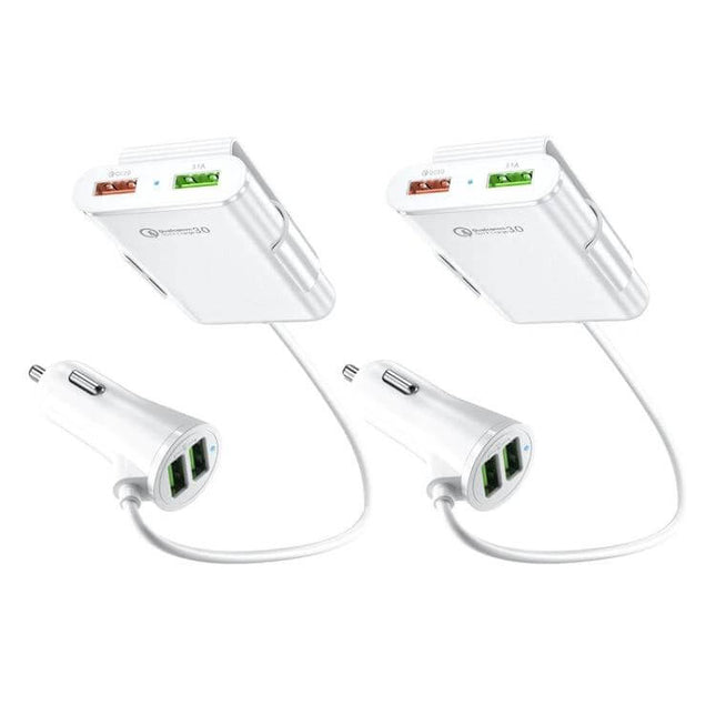 2-Pack Black Back Seat Car Charger For Passengers On The Go - white twin back-seat car chargers with 1.7 m cords, 4 USB ports, 8A total, piano finish