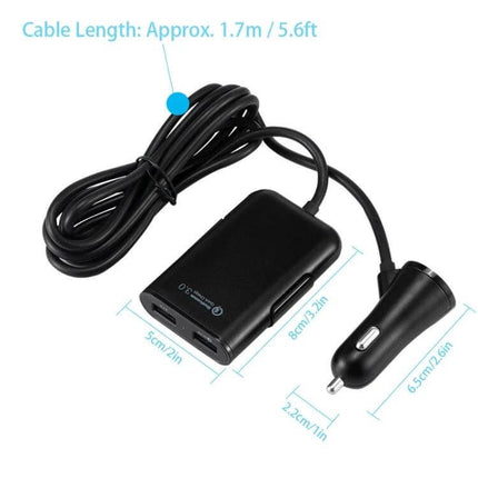 2-Pack Black Back Seat Car Charger For Passengers On The Go - dual 4-port 8A black back-seat car charger with 1.7m cord, piano finish, USB-C/USB-A compatible