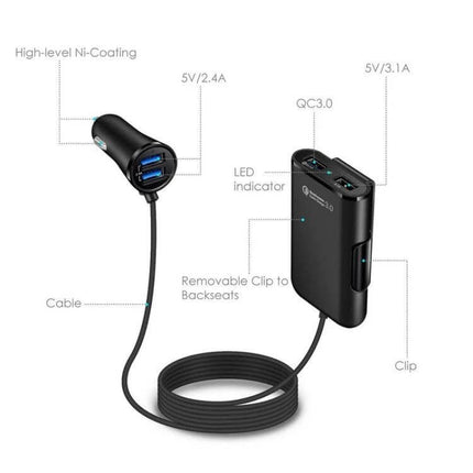 2-Pack Black Back Seat Car Charger For Passengers On The Go – dual USB car charger with 1.7 m cable, QC3.0 port, LED indicator, removable clip for backseats