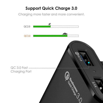2-Pack Black Back Seat Car Charger For Passengers On The Go - close-up showing QC3.0 fast charging ports and 1.7m cord for rear-seat passengers