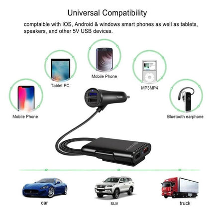 2-Pack Black Back Seat Car Charger For Passengers On The Go — dual 4-port 1.7m cord rear-seat USB charger compatible with iOS Android Windows devices