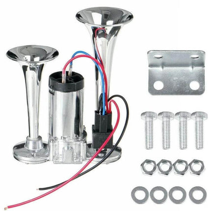 Universal Electric Car Horn for Vehicle Alerting and Safety - twin trumpet kit with motor, wiring, mounting bracket and hardware