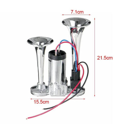 Universal Electric Car Horn for Vehicle Alerting and Safety - chrome dual trumpet horn with wiring, 21.5cm height, easy universal installation