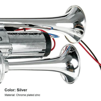 Universal Electric Car Horn for Vehicle Alerting and Safety - chrome plated silver twin trumpet horn with wiring