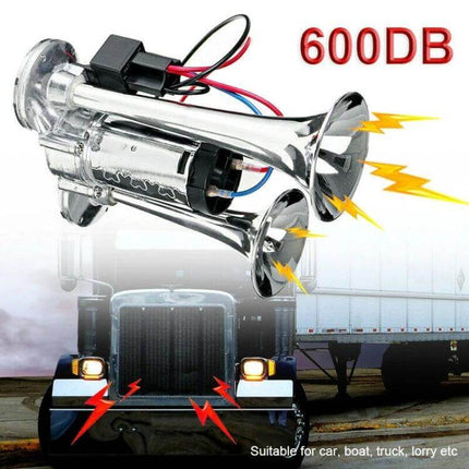 Universal Electric Car Horn for Vehicle Alerting and Safety - dual chrome trumpet horn 600DB for cars, trucks, boats, easy universal installation
