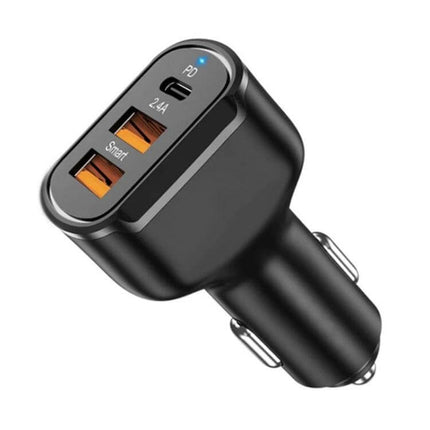 PD USB Car Charger, 3 Port Black For Phones And Tablets - compact 30W 12/24V car charger with PD and two USB-A ports for phones and tablets