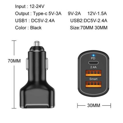 PD USB Car Charger, 3 Port Black For Phones And Tablets - compact 30W car charger with PD Type-C and two USB-A ports, 12-24V input, 70x30mm