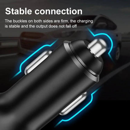 PD USB Car Charger, 3 Port Black For Phones And Tablets showing close-up of stable metal buckles and 30W compact car plug