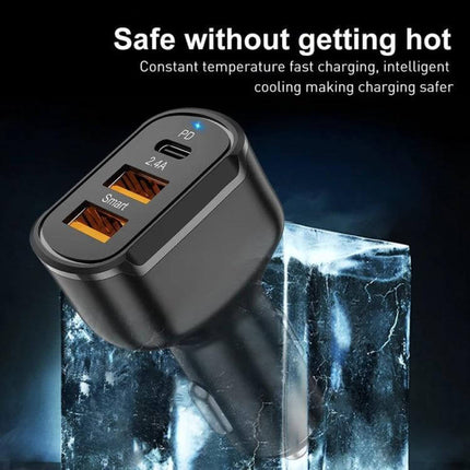 PD USB Car Charger, 3 Port Black For Phones And Tablets - compact 30W in-car charger with PD USB-C and two USB-A ports, fits cars SUVs trucks