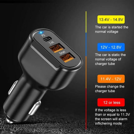 PD USB Car Charger, 3 Port Black For Phones And Tablets - compact 30W in-car USB-C PD and dual USB-A ports for phones and tablets, fits 12/24V sockets