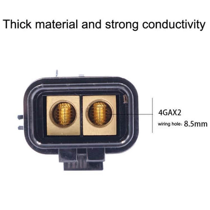 MAXI2 Car Audio Fuse Seat Waterproof Power Cord For Cars — close-up of brass dual terminals, 4GAX2 8.5mm wiring holes, high-temp waterproof housing