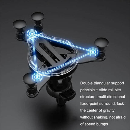 2-Pack Snap Universal Rotating Car Air Outlet Phone Holder showcasing triangular support, gravity-sensing clamp and 360° rotation for stable in-car mounting
