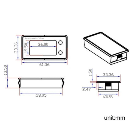 SUPNOVA DC Voltmeter for Lithium Batteries with Color Screen technical drawing and dimensions diagram