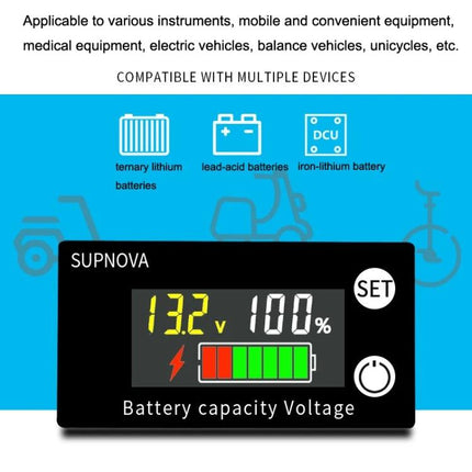 SUPNOVA DC Voltmeter for Lithium Batteries with Color Screen digital display showing 13.2V and battery capacity gauge