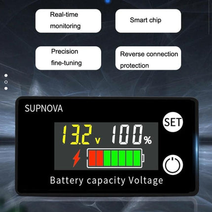 SUPNOVA DC Voltmeter for Lithium Batteries with Color Screen showing 13.2V and battery capacity display