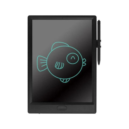10 Inch LCD Writing Board for Kids' Drawing and Learning - black tablet with teal fish doodle and stylus attached