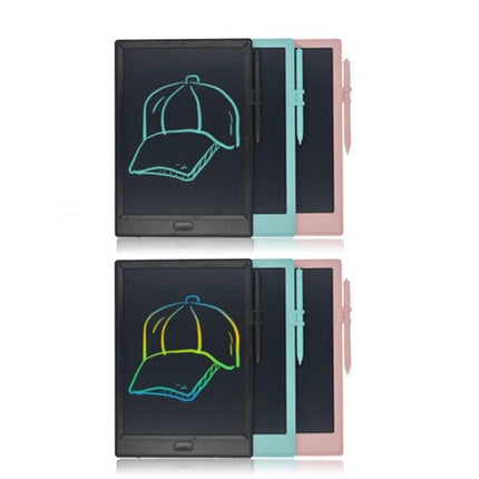 10 Inch LCD Writing Board for Kids' Drawing and Learning showing black, teal and pink reusable tablets with stylus and colorful doodle of a cap