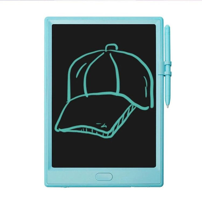 10 Inch LCD Writing Board for Kids' Drawing and Learning showing turquoise board with stylus and a drawn baseball cap