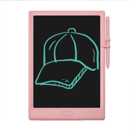 10 Inch LCD Writing Board for Kids' Drawing and Learning - pink reusable drawing tablet with stylus showing teal hat sketch