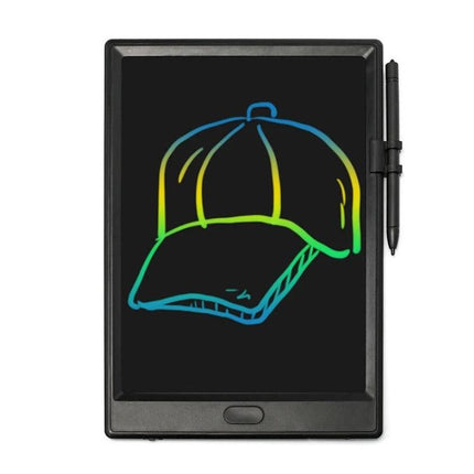 10 Inch LCD Writing Board for Kids' Drawing and Learning showing a colorful hat sketch on reusable black screen with stylus attached