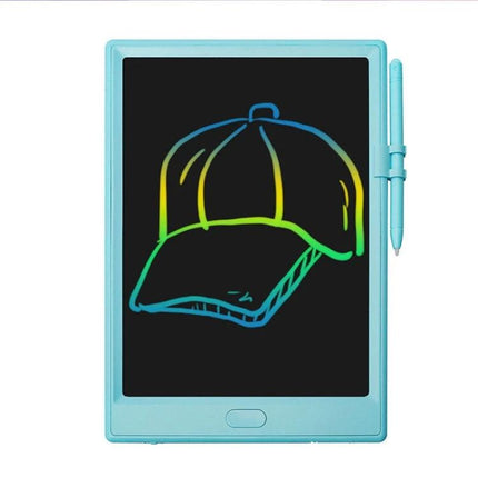 10 Inch LCD Writing Board for Kids' Drawing and Learning showing colorful hat sketch on reusable screen with attached stylus