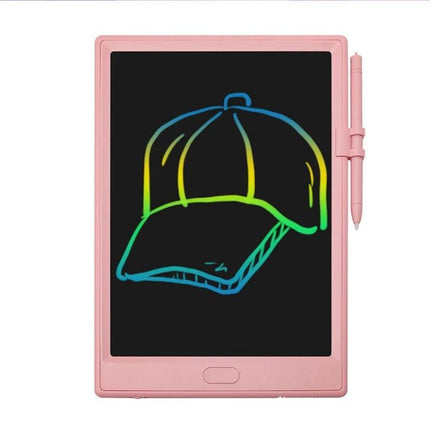 10 Inch LCD Writing Board for Kids' Drawing and Learning showing pink tablet with stylus and colorful doodle of a baseball cap on screen