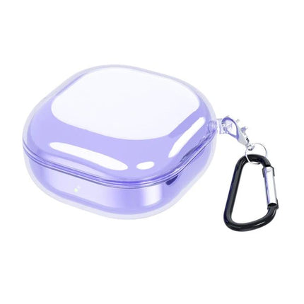 Essential Protective Case for Samsung Galaxy Buds in Daily Use - clear purple curved-shell case with carabiner, dust and impact protection