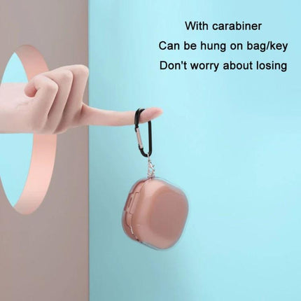 Essential Protective Case for Samsung Galaxy Buds in Daily Use showing rose-gold case with carabiner hanging from finger