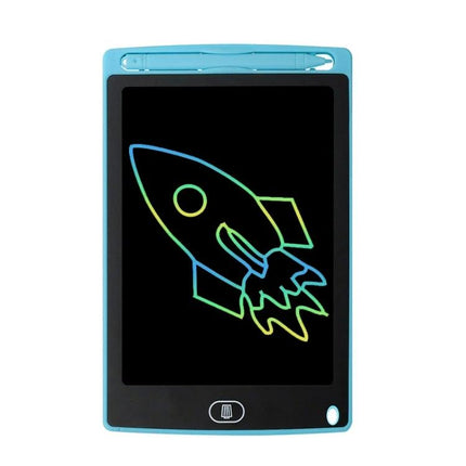 Colorful 10-Inch LCD Writing Board for Children's Drawing - turquoise tablet with neon rocket doodle, reusable eye-friendly drawing toy for kids