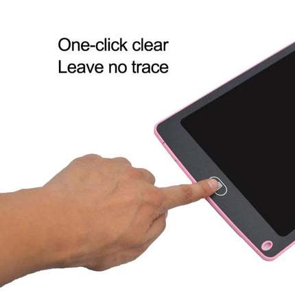 Colorful 10-Inch LCD Writing Board for Children's Drawing showing one-click clear button and hand pressing erase for reusable drawing