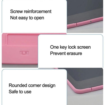 Colorful 10-Inch LCD Writing Board for Children's Drawing - pink child-safe design with rounded corners, screw reinforcement and one-key lock to prevent erasure