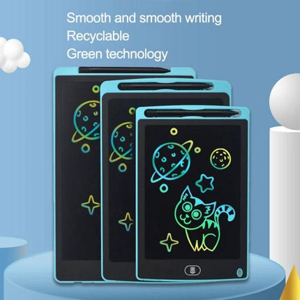 Colorful 10-Inch LCD Writing Board for Children's Drawing showing three blue-framed tablets with neon doodles, stylus and erase button