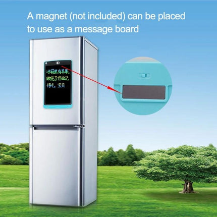 Colorful 10-Inch LCD Writing Board for Children's Drawing shown mounted on a refrigerator as a magnetic message board, reusable and eye-friendly