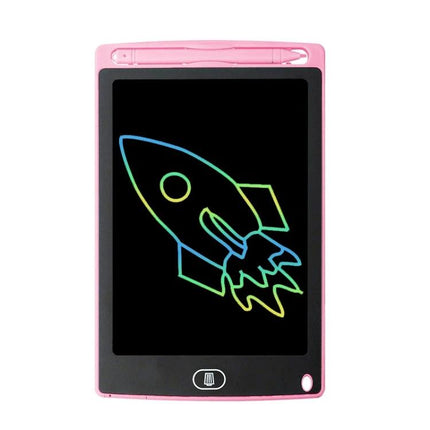 Colorful 10-Inch LCD Writing Board for Children's Drawing showing pink tablet with neon rocket doodle, reusable eye-friendly drawing pad for kids