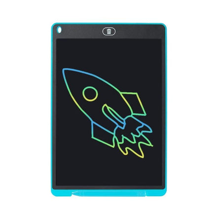 Colorful 10-Inch LCD Writing Board for Children's Drawing showing neon rocket sketch on black reusable screen