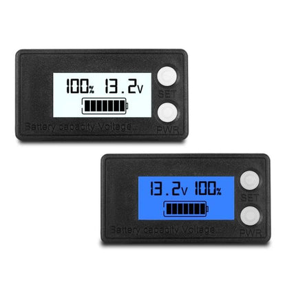Waterproof Digital Voltage Meter for Monitoring Electric Vehicles showing 13.2V and battery capacity display, IPX7 waterproof design