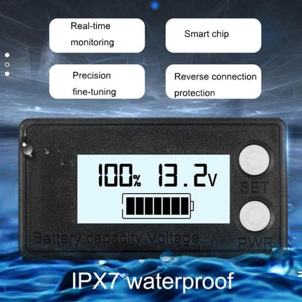 Waterproof Digital Voltage Meter for Monitoring Electric Vehicles showing 13.2V battery level, IPX7 waterproof display and buttons