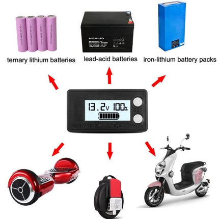 Waterproof Digital Voltage Meter for Monitoring Electric Vehicles showing display and compatibility with lithium, lead-acid batteries and e-scooters