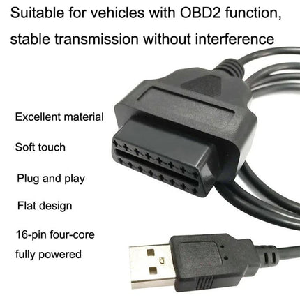 Cable for Diagnosing Car Issues During Routine Maintenance - black OBD2 to USB diagnostic cable, 16-pin plug, plug-and-play for home troubleshooting