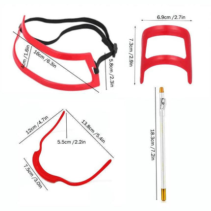 Beard Shaping Board With Shape Ruler And Pen For Precise Lines - red PP shaping board, elastic neck strap and marking pen, dimensions shown