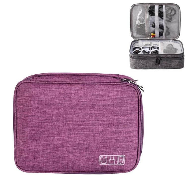 Multifunctional 5-Inch Storage Bag for Cables and Electronics in purple showing organized cables, elastic bands and mesh pocket for travel