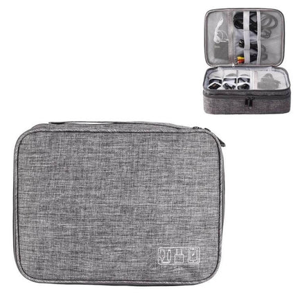Multifunctional 5-Inch Storage Bag for Cables and Electronics - gray travel case with elastic bands and mesh pocket organizing cables and small electronics