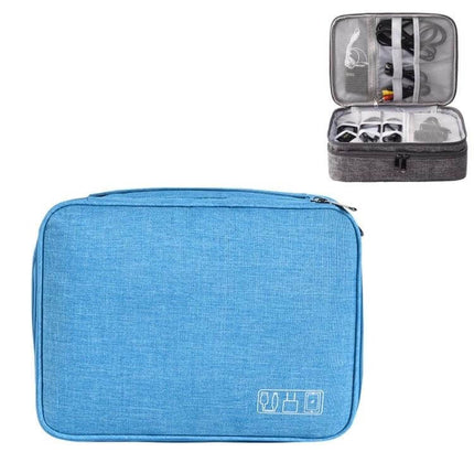 Multifunctional 5-Inch Storage Bag for Cables and Electronics in blue with zippered compartments, elastic bands and mesh pocket for organized travel