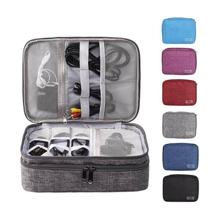 Multifunctional 5-Inch Storage Bag for Cables and Electronics — gray organizer with elastic bands and mesh pocket holding cables and headphones
