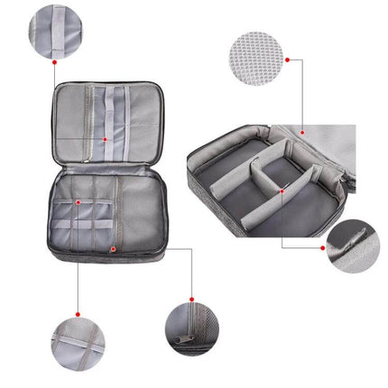 Multifunctional 5-Inch Storage Bag for Cables and Electronics showing elastic bands, mesh pocket, dividers and zipper for organized travel storage