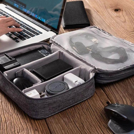 Multifunctional 5-Inch Storage Bag for Cables and Electronics neatly organized with elastic bands and mesh pocket for travel