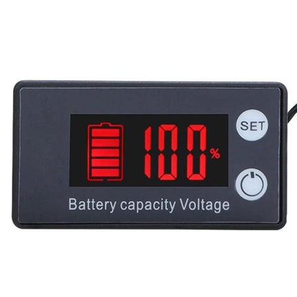 Digital DC Voltmeter for Battery Charge and Temperature Monitoring showing 100% battery icon on color LCD display