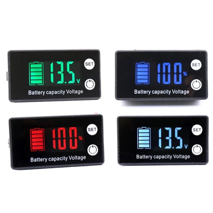 Digital DC Voltmeter for Battery Charge and Temperature Monitoring showing color LCD battery capacity and voltage readings for inverter and PV systems