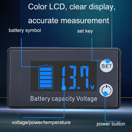 Digital DC Voltmeter for Battery Charge and Temperature Monitoring - color LCD display showing 13.7V battery capacity with set and power buttons