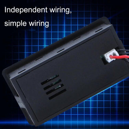 Digital DC Voltmeter for Battery Charge and Temperature Monitoring rear view showing wiring connector and vents on black panel